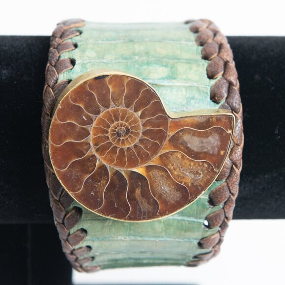 Starborn Jewelry - Starborn Ammonite Leather Cuff Bracelet Adjustable Statement Green Brown